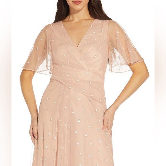 NWT Adrianna Papell Metallic Clip Dot pink V-neck Draped Gown maxi Sz 4 - Picture 4 of 12